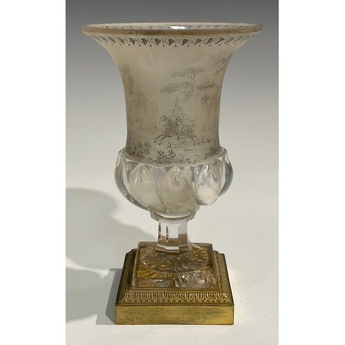 1562 - A 19th century French frosted and clear glass half spirally lobed campana shaped vase, decorated wit... 