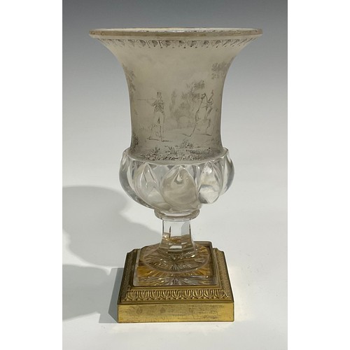 1562 - A 19th century French frosted and clear glass half spirally lobed campana shaped vase, decorated wit... 