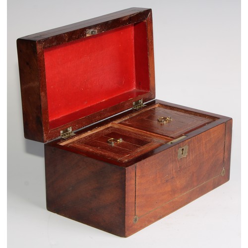 2546 - A Regency brass strung mahogany tea caddy, hinged cover enclosing a pair of covered compartments, 14... 