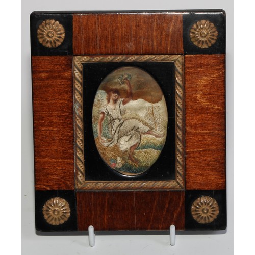 2482 - A George III silk needlework miniature, depicting a Bacchante, oval, 7cm x 4.5cm, framed, 13.5cm x 1... 