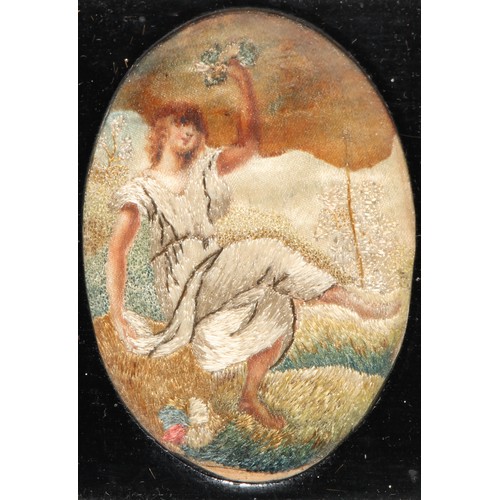 2482 - A George III silk needlework miniature, depicting a Bacchante, oval, 7cm x 4.5cm, framed, 13.5cm x 1... 