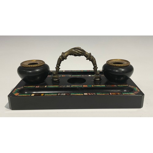 2311 - A 19th century Derbyshire Ashford marble canted rectangular inkstand, outlined with bands of Blue Jo... 