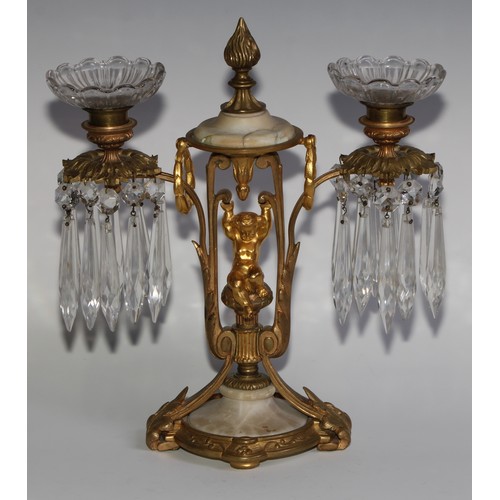 1815 - A pair of 19th century French gilt metal and alabaster two-light mantel candle lustres, each centred... 