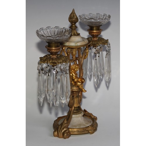 1815 - A pair of 19th century French gilt metal and alabaster two-light mantel candle lustres, each centred... 