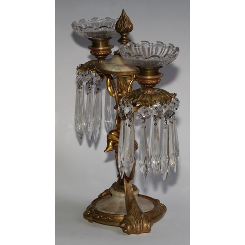 1815 - A pair of 19th century French gilt metal and alabaster two-light mantel candle lustres, each centred... 