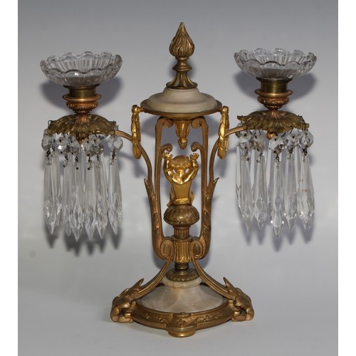 1815 - A pair of 19th century French gilt metal and alabaster two-light mantel candle lustres, each centred... 