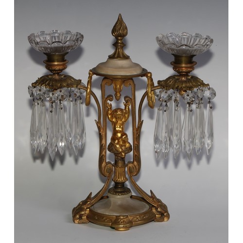 1815 - A pair of 19th century French gilt metal and alabaster two-light mantel candle lustres, each centred... 