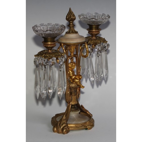 1815 - A pair of 19th century French gilt metal and alabaster two-light mantel candle lustres, each centred... 