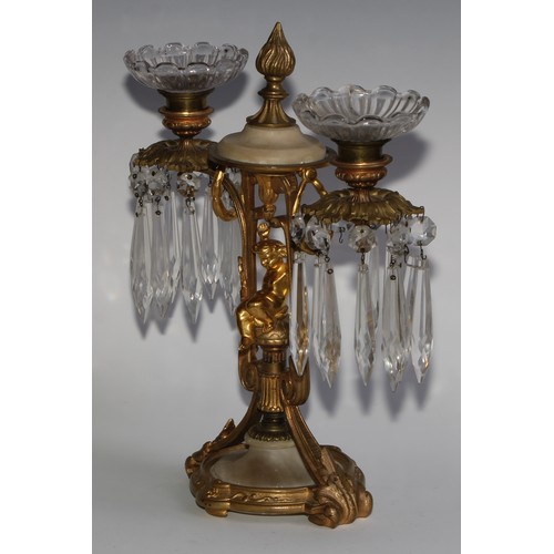 1815 - A pair of 19th century French gilt metal and alabaster two-light mantel candle lustres, each centred... 