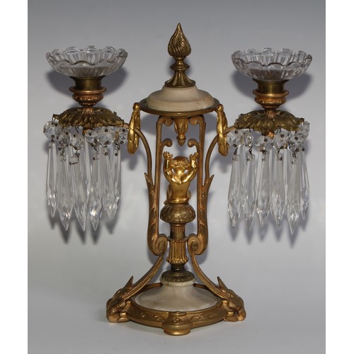 1815 - A pair of 19th century French gilt metal and alabaster two-light mantel candle lustres, each centred... 