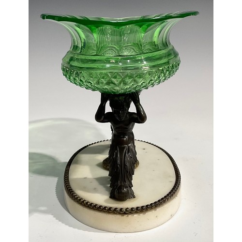 1560 - A 19th century dark patinated bronze, carara marble and green glass table centrepiece, the oval hobn... 