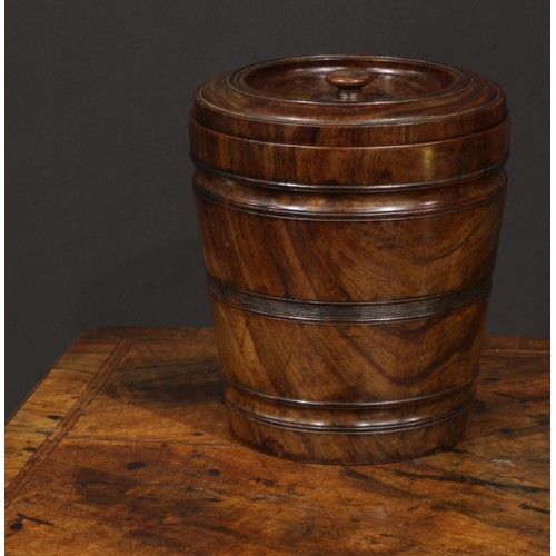 2743 - Treen - a 19th century lignum vitae barrel and cover, 20cm high