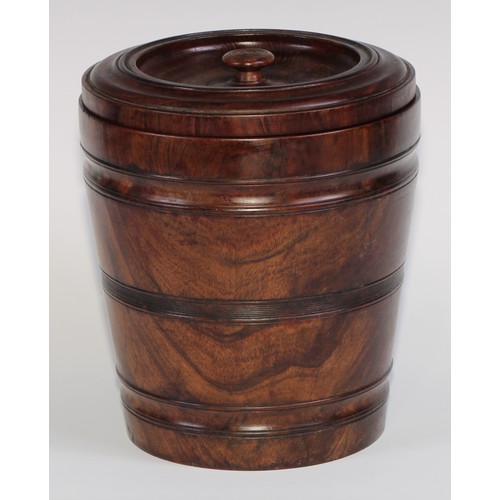 2743 - Treen - a 19th century lignum vitae barrel and cover, 20cm high