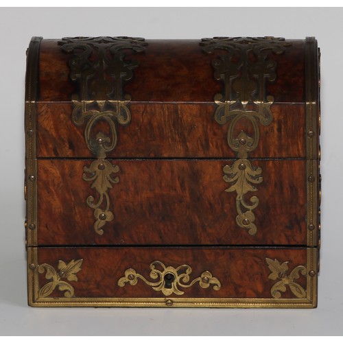 1667 - A 19th century gilt brass mounted burr walnut domed rectangular scent casket, applied overall with p... 