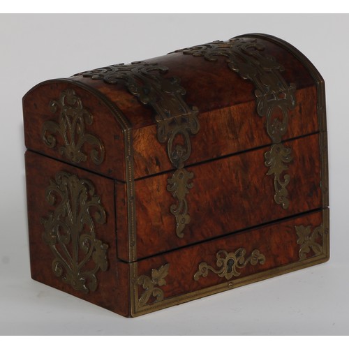 1667 - A 19th century gilt brass mounted burr walnut domed rectangular scent casket, applied overall with p... 