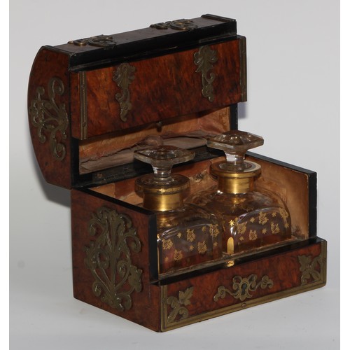 1667 - A 19th century gilt brass mounted burr walnut domed rectangular scent casket, applied overall with p... 