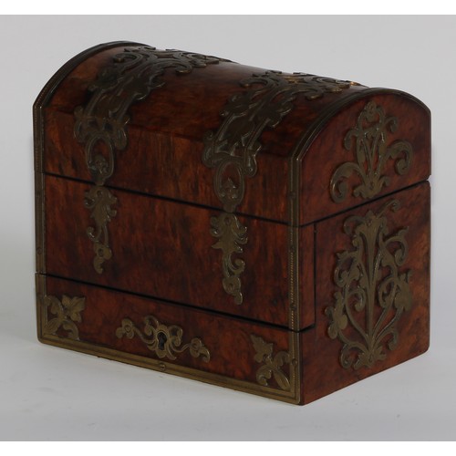 1667 - A 19th century gilt brass mounted burr walnut domed rectangular scent casket, applied overall with p... 