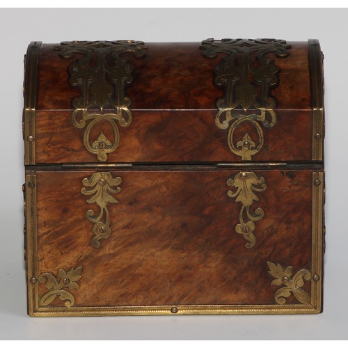 1667 - A 19th century gilt brass mounted burr walnut domed rectangular scent casket, applied overall with p... 