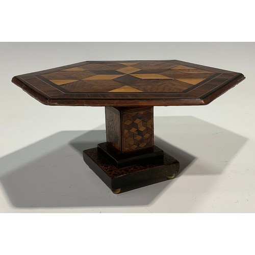 1828 - A Tunbridge ware miniature centre table, the octagonal top crossbanded and inlaid with tumbling bloc... 