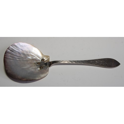 2447 - A Danish 'wunderkammer' spoon, mother of pearl bowl, bright-cut engraved stem, 24cm long