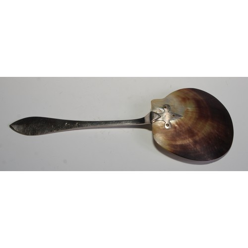 2447 - A Danish 'wunderkammer' spoon, mother of pearl bowl, bright-cut engraved stem, 24cm long