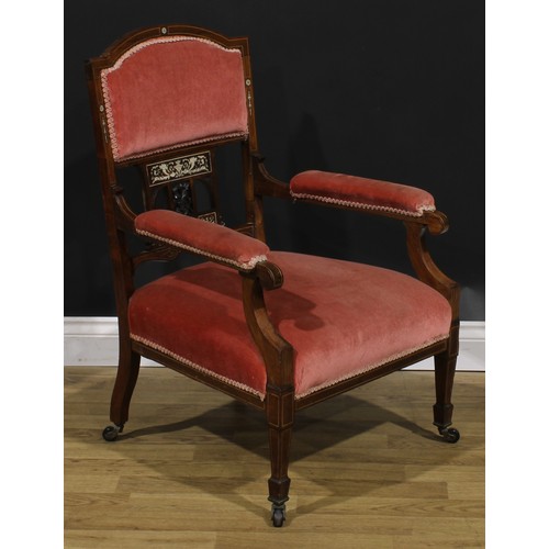 2597 - A Victorian rosewood and marquetry drawing room chair, arched back, stuffed-over upholstery, outline... 