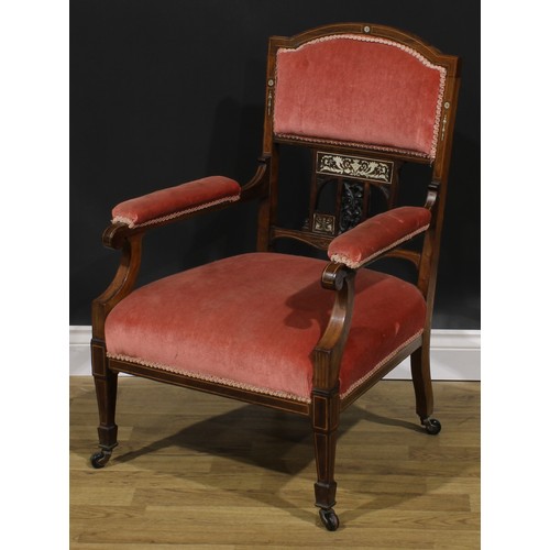 2597 - A Victorian rosewood and marquetry drawing room chair, arched back, stuffed-over upholstery, outline... 