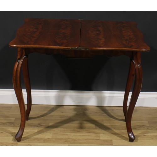 1594 - A 19th century French Hepplewhite style mahogany serpentine tea table, hinged top, shaped apron, Fre... 