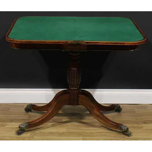 2355 - A Regency mahogany banded rosewood card table, hinged top enclosing a baize lined playing surface, t... 