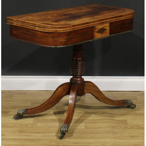 2355 - A Regency mahogany banded rosewood card table, hinged top enclosing a baize lined playing surface, t... 