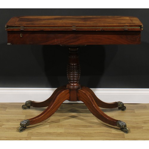 2355 - A Regency mahogany banded rosewood card table, hinged top enclosing a baize lined playing surface, t... 