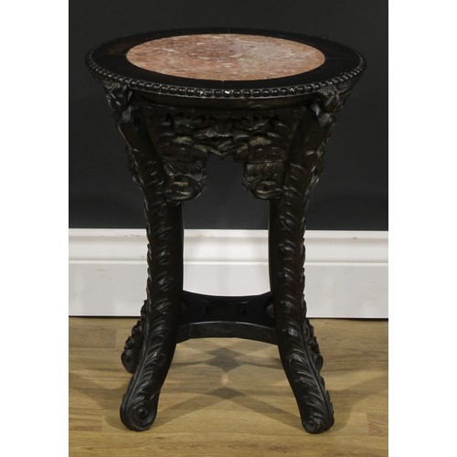 1777 - A Chinese hardwood jardiniere stand, circular top with beaded border and inset marble panel, shaped ... 