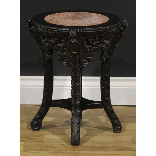 1777 - A Chinese hardwood jardiniere stand, circular top with beaded border and inset marble panel, shaped ... 