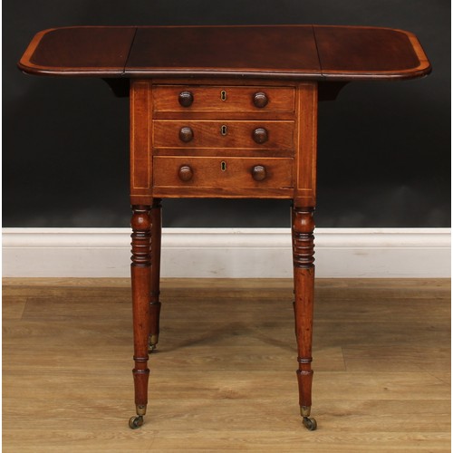 2544 - A Post-Regency George IV mahogany Pembroke work table, crossbanded rounded rectangular top with fall... 