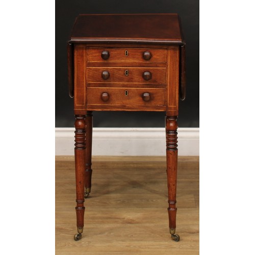 2544 - A Post-Regency George IV mahogany Pembroke work table, crossbanded rounded rectangular top with fall... 