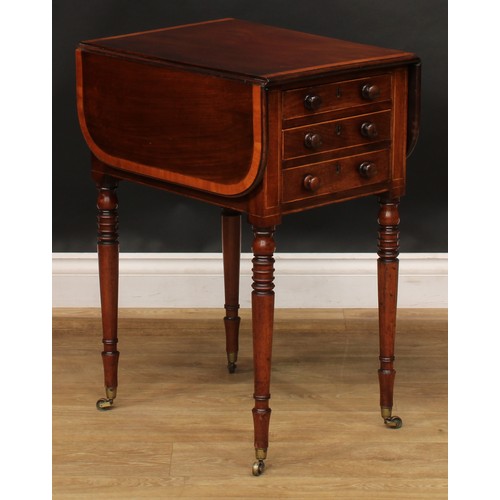 2544 - A Post-Regency George IV mahogany Pembroke work table, crossbanded rounded rectangular top with fall... 