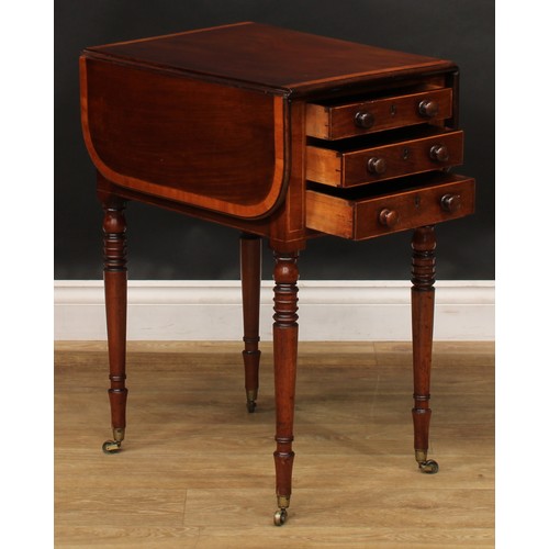 2544 - A Post-Regency George IV mahogany Pembroke work table, crossbanded rounded rectangular top with fall... 