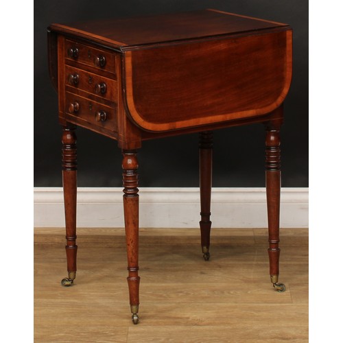 2544 - A Post-Regency George IV mahogany Pembroke work table, crossbanded rounded rectangular top with fall... 