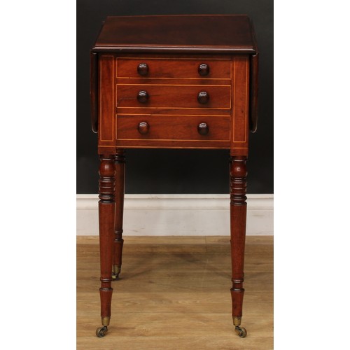 2544 - A Post-Regency George IV mahogany Pembroke work table, crossbanded rounded rectangular top with fall... 