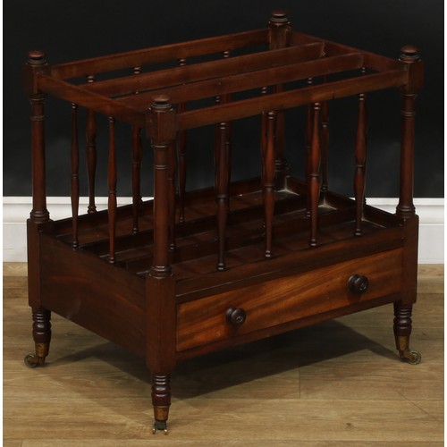 1705 - A 19th century mahogany three-section Canterbury, turned supports, drawer to frieze, 52.5cm high, 51... 