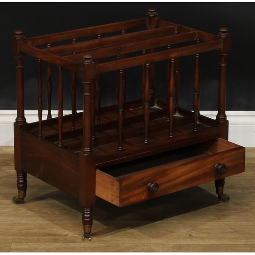 1705 - A 19th century mahogany three-section Canterbury, turned supports, drawer to frieze, 52.5cm high, 51... 