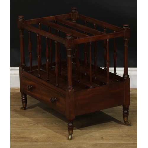 1705 - A 19th century mahogany three-section Canterbury, turned supports, drawer to frieze, 52.5cm high, 51... 