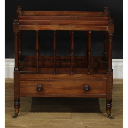 1705 - A 19th century mahogany three-section Canterbury, turned supports, drawer to frieze, 52.5cm high, 51... 