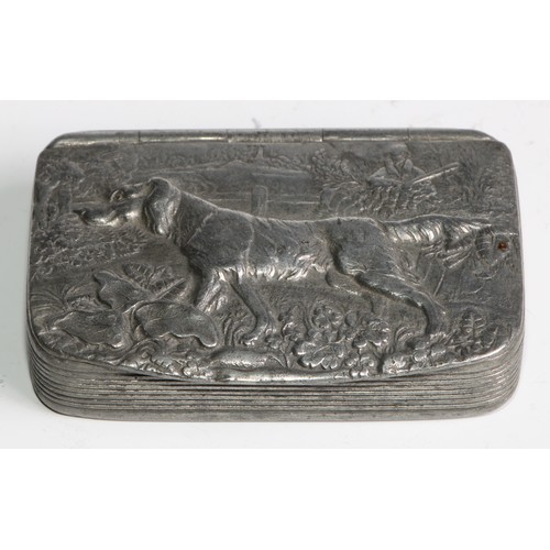 2160 - A 19th century papier mache rectangular snuff box, hinged cover decorated with a sporting dog, 8.5cm... 