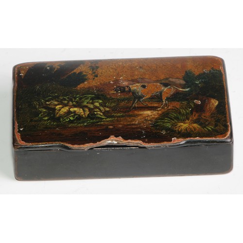 2160 - A 19th century papier mache rectangular snuff box, hinged cover decorated with a sporting dog, 8.5cm... 