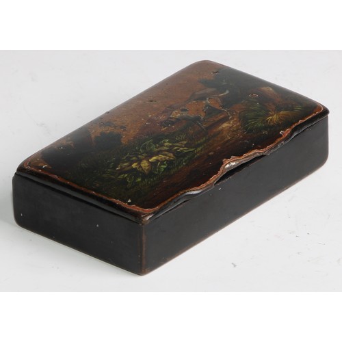 2160 - A 19th century papier mache rectangular snuff box, hinged cover decorated with a sporting dog, 8.5cm... 