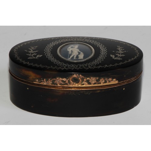 2174 - An early 19th century Neo-Classical tortoiseshell and silver pique oval snuff box, hinged cover set ... 