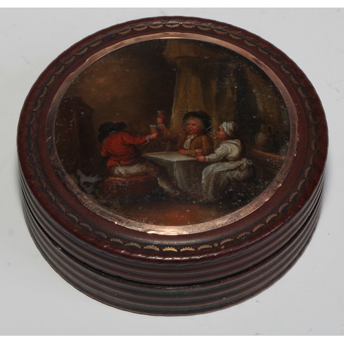 2169 - A 19th century tortoiseshell circular snuff box, the push-fitting cover reverse painted with figures... 