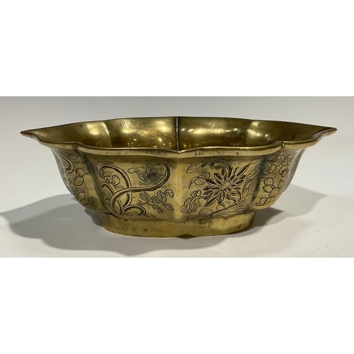 373 - A Chinese bronze oval lotus-fluted bowl or censer, cast and chased in panels with the Three Friends ... 