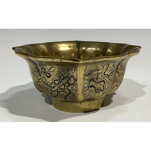 373 - A Chinese bronze oval lotus-fluted bowl or censer, cast and chased in panels with the Three Friends ... 